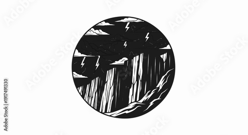 Dark circular illustration of a stormy mountain landscape with lightning