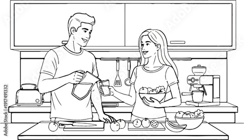 Couple preparing healthy food and drinks in a modern kitchen