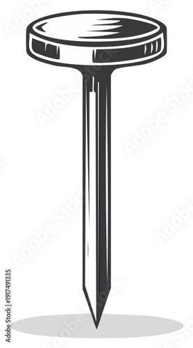 Sharp Metal Nail with Flat Head and Pointed Tip Ready for Driving into Surface