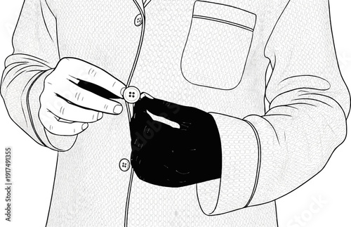 Close-up illustration of hands buttoning a patterned garment