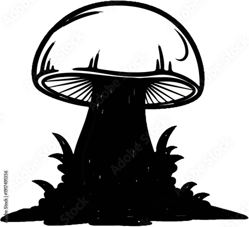 Black silhouette of a mushroom with cap and gills, on grassy ground