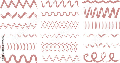 Zigzag line illustration set, wavy pattern artwork, abstract vector design, decorative graphic pack, texture symbol collection, reddish brown sketch