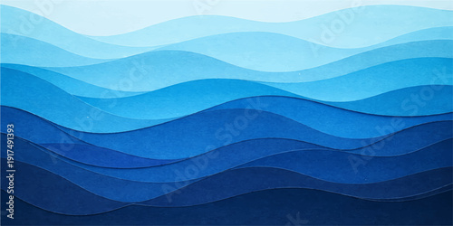 Abstract blue wave background featuring a vector mountain landscape silhouette with a sunset sky over an ocean range
