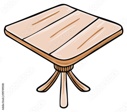 Cartoon wooden table with square plank top and three splayed legs simple furniture illustration
