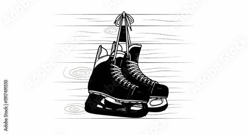 Black ice skates tied with laces and hanging on a wooden wall
