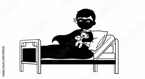 Child in bed wearing a cape, holding a teddy bear, ready for dreams