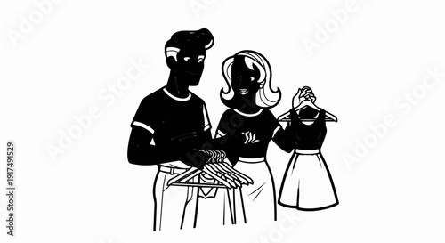 Couple selects clothing items from a rack of hangers, one dress on display