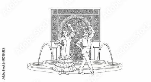 Couple performs flamenco dance by ornamental fountain with decorative archway