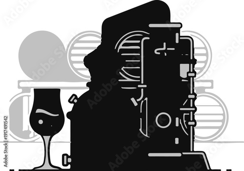 Dark silhouette of brewing equipment and a wine glass with barrels