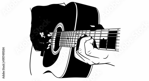 Close-up of hands playing an acoustic guitar with a black and white style