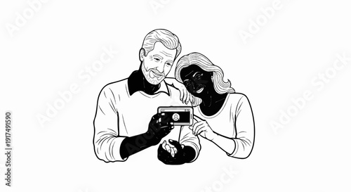 Couple shares moment looking at phone screen, smiling affectionately