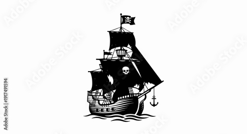 Black silhouette of a pirate ship with skull and crossbones flags and sails