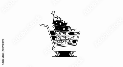 Decorated Christmas tree in a shopping cart