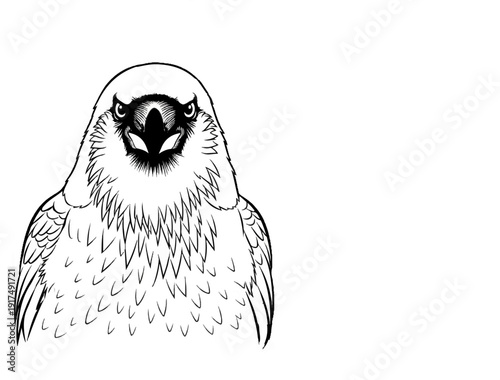 Close-up sketch of a predatory bird's face, intense gaze, sharp beak, and feathered neck
