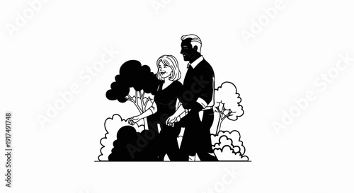 Couple walking hand in hand through a park with trees and bushes