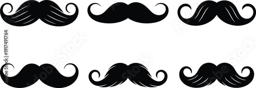 Mustache silhouette icons collection, vintage facial hair designs, grooming style motif, barbershop branding graphic, retro fashion illustration, masculine identity concept