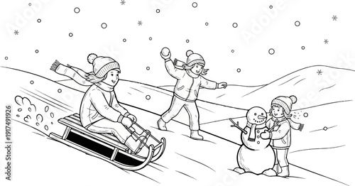 Children playing in the snow, sledding, building snowman, and throwing snowballs