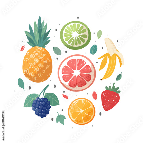 A vibrant illustration of assorted fruits including pineapple, lime, banana, grape, and orange slices arranged in a circular pattern