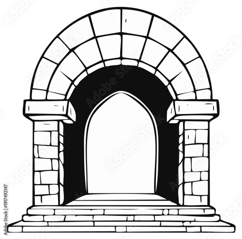 A line art illustration of an arched stone entrance, portal, or gateway featuring steps leading up to an arched doorway and keystone structure.