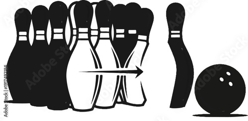Bowling pins and ball are in motion towards each other, action depicted