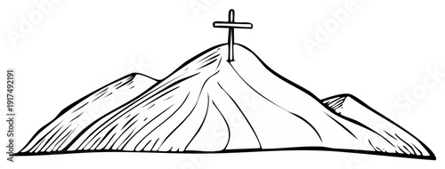 Ink drawing of a mountain with a cross on top, symbol of faith, belief, and religion, on white.