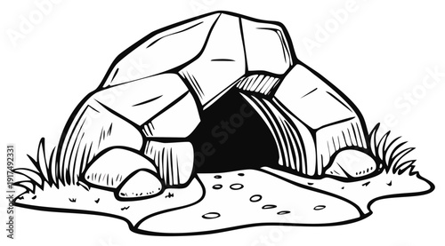 Hand drawn illustration of a rough stone cave entrance with a path leading inside
