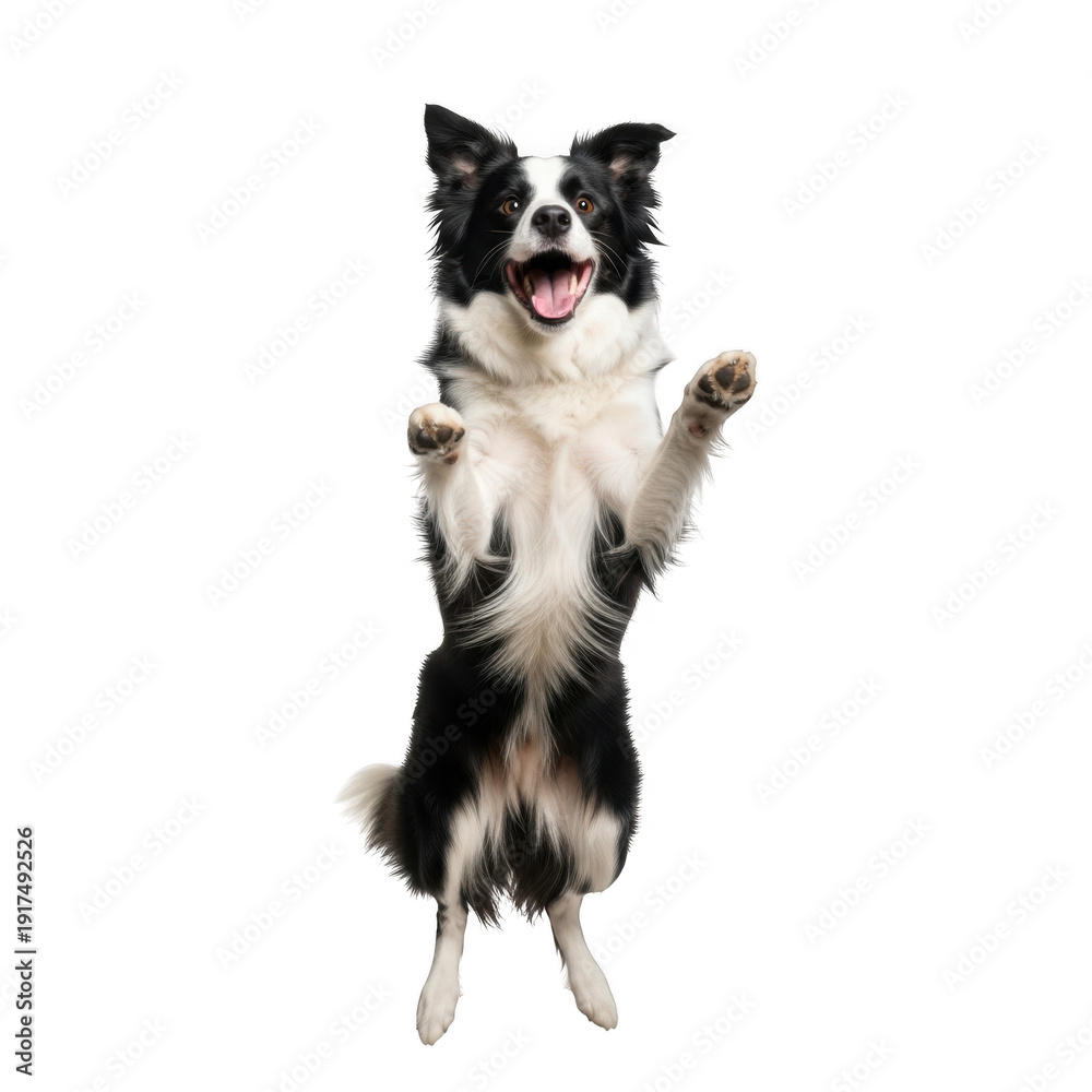 Obraz premium A playful black and white dog standing on its hind legs against a plain background