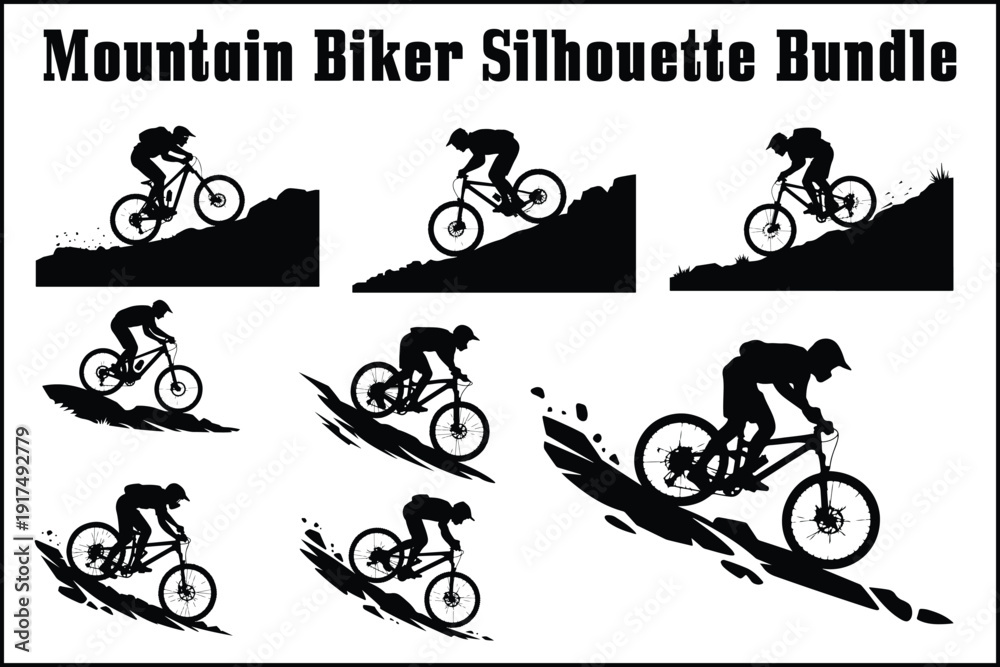 Fototapeta premium Mountain Biker Silhouette Bundle – Downhill & Trail Cycling Vector Set