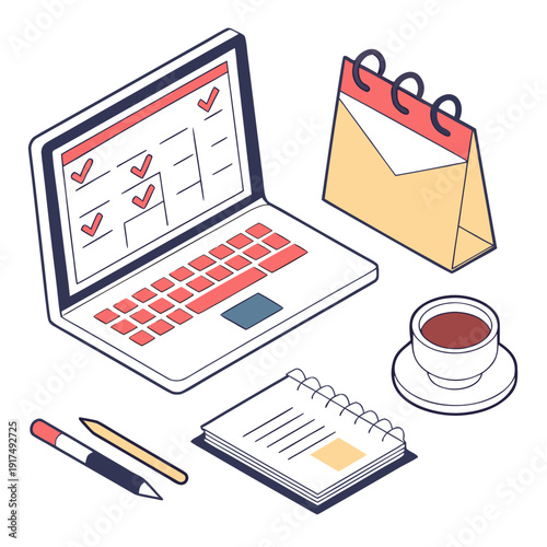 A laptop computer with a calendar and office supplies