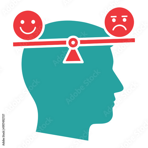Teal human head with seesaw balance between happy and sad faces icon