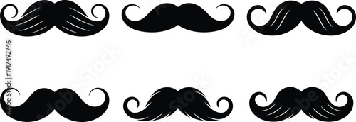 Mustache silhouette icons collection, vintage facial hair designs, grooming style motif, barbershop branding graphic, retro fashion illustration, masculine identity concept