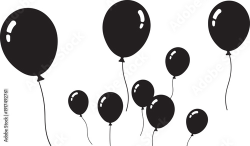 Black Balloons Floating in Air on White Background Illustration