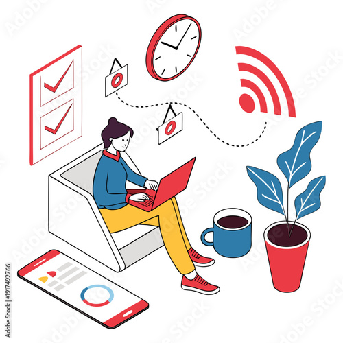 A person working on a laptop with various office items around