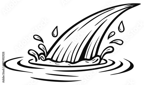 Hand drawn cartoon style water splash with flying droplets and circular ripples effect