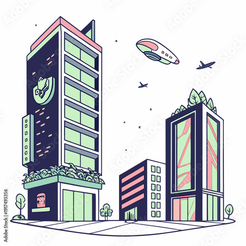 A tall building with a clock on it and a flying saucer in the sky