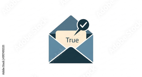 Email confirmation icon with verified check mark and true text in blue envelope
