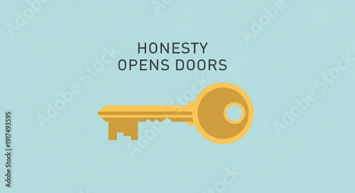 Golden key with honesty opens doors text on light blue background symbolizing trust and integrity