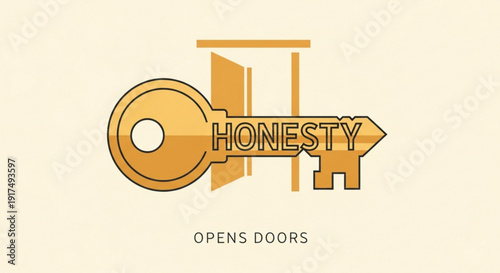 Golden key with honesty text opens doors symbolizing trust and integrity in business and relationships