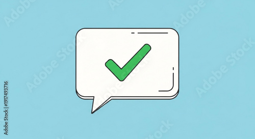Green checkmark in a white speech bubble on light blue background symbolizing confirmation and approval