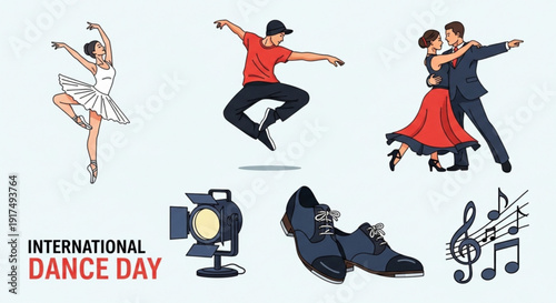 International dance day illustration with dancers shoes spotlight and music notes on light background