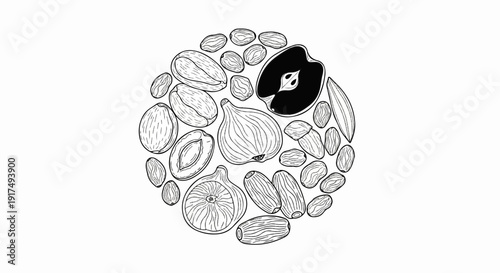 Circle of dried fruits and nuts, including figs, dates, raisins, and plum