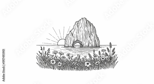 Coastal arch rock formation at sunrise, with wildflowers and grasses