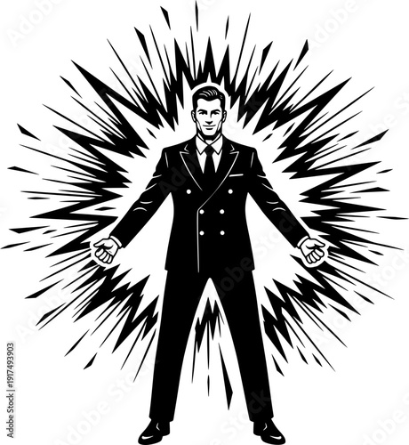Powerful businessman in a suit with a dynamic comic book explosion background, heroic stance, black and white vector illustration.