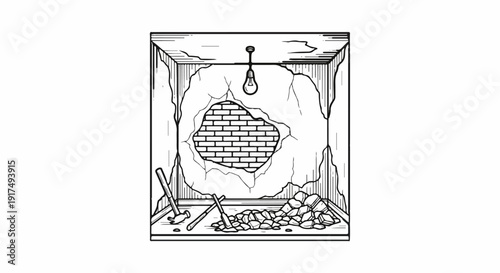 Breaking through a cracked wall to reveal brick, tools, and debris under light