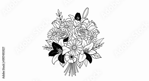 Black and white line drawing of a vibrant bouquet of assorted flowers