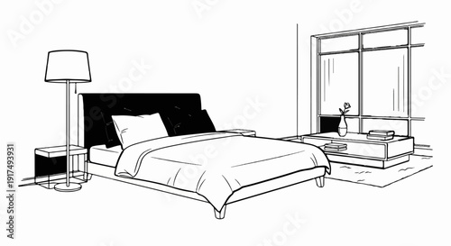 Cozy bedroom with large window, bed, bedside tables, and floor lamp