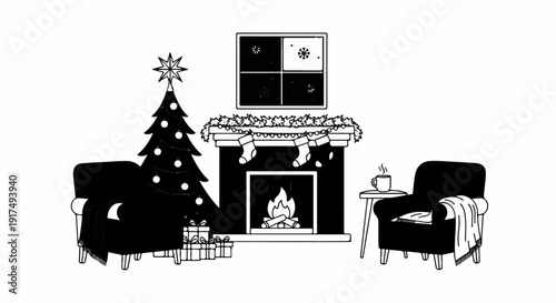 Cozy Christmas scene with a tree, fireplace, gifts, and armchairs