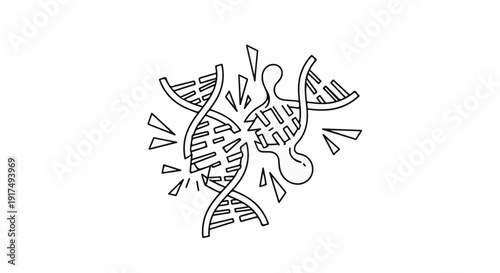 Broken DNA helix with abstract shapes radiating outwards