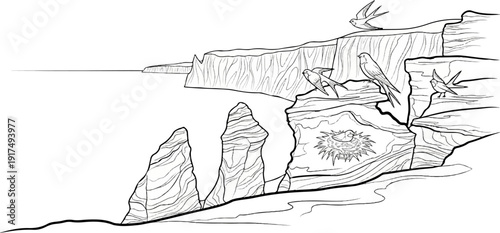 Coastal cliffs with seabirds nesting and flying near the ocean