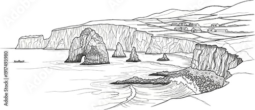 Coastal cliffs rise above a sea with rock formations and a lone boat